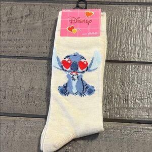 Valentine Disney Beige Socks with Blue Stitch and Red Hearts NWT